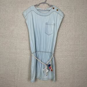 Zara Girls Dress 11/12 Light Blue Washed Denim Belted Short Sleeve‎ Tea Length